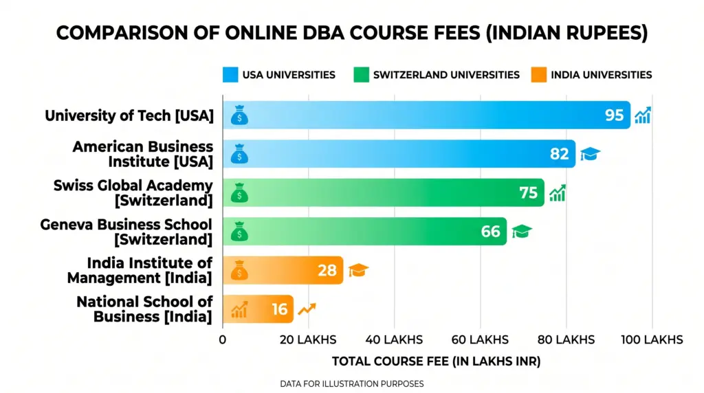A horizontal bar chart infographic comparing 6 universities by online DBA course fees in Indian rupees. 