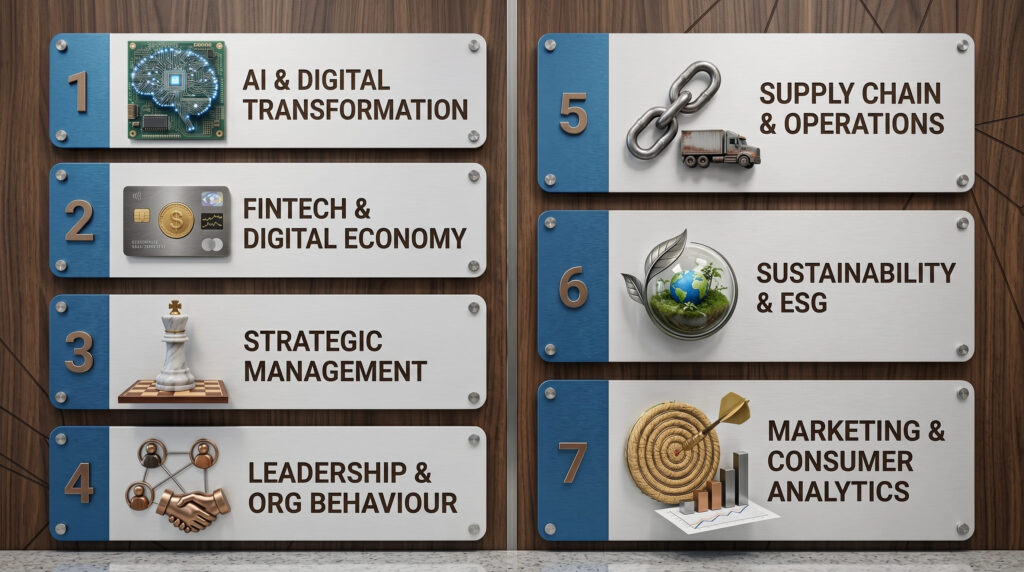 A clean flat-design infographic showing 7 DBA specialisation areas arranged as numbered cards in a 2-column grid layout. Each card has an icon and a label: 1-AI & Digital Transformation (circuit/brain icon), 2-FinTech & Digital Economy (currency/mobile icon), 3-Strategic Management (chess piece icon), 4-Leadership & Org Behaviour (people/handshake icon), 5-Supply Chain & Operations (chain/logistics icon), 6-Sustainability & ESG (leaf/earth icon), 7-Marketing & Consumer Analytics (graph/target icon). Blue and white color scheme with orange accents.