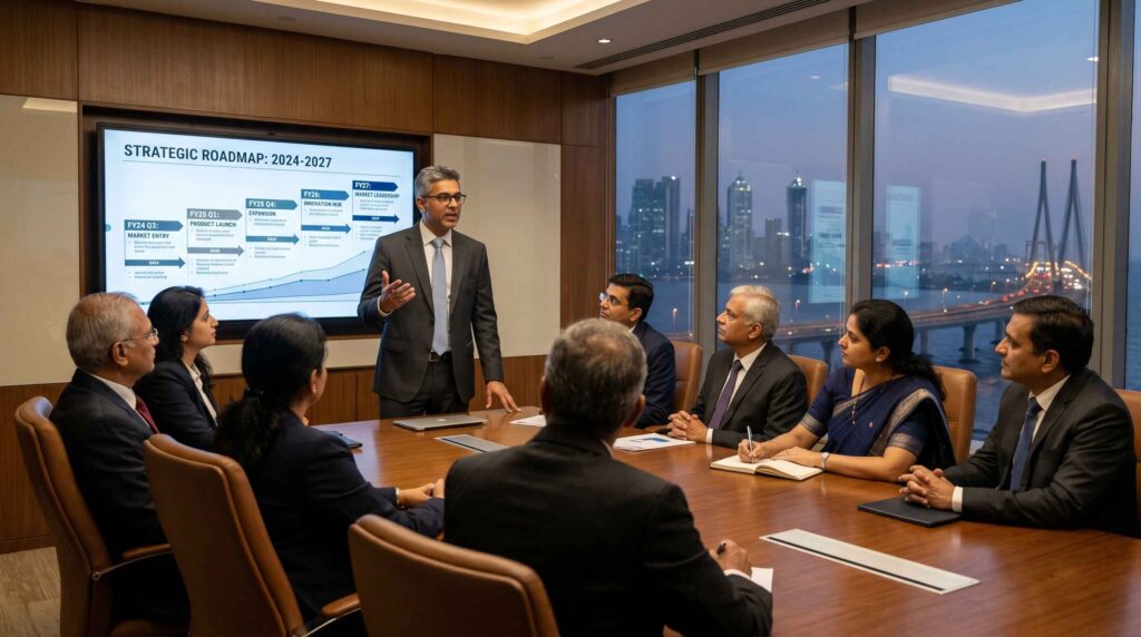 Photorealistic documentary photograph. A confident Indian professional, male, mid 40s, in well-fitted formal attire, standing at the head of a boardroom table in a premium Indian corporate office. He is presenting to a group of 5 to 6 senior colleagues seated around the table. A large screen behind him shows a strategic roadmap with milestone labels. The audience is attentive, one person is taking notes, others are watching the screen. City skyline visible through large windows in the background. Warm boardroom lighting. Shot from the far side of the room at a wide angle. 35mm documentary photography style.