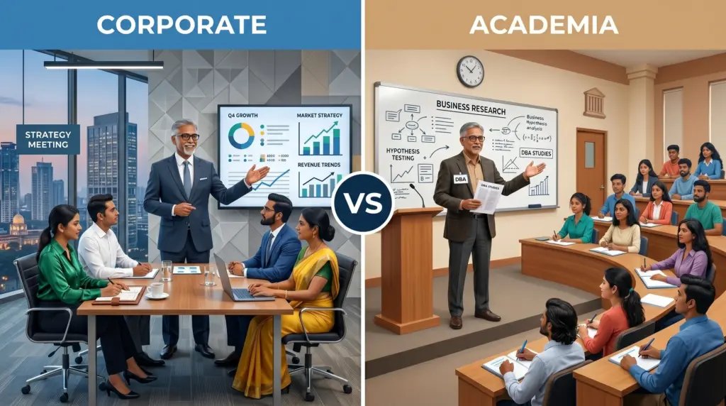DBA demand comparison — corporate vs academia career paths in India