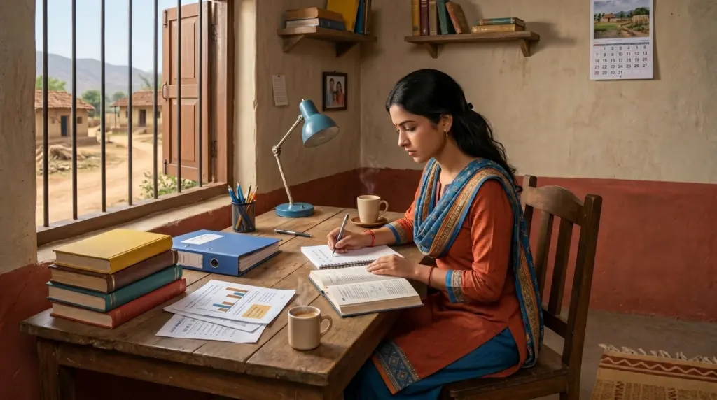Distance MBA student studying independently with printed study materials