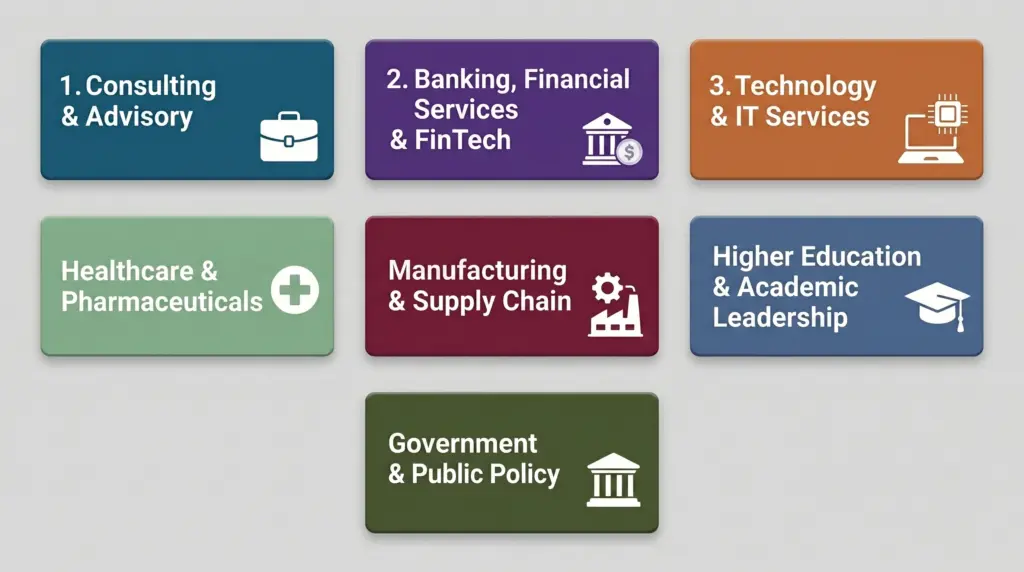 Top 7 industries hiring DBA holders in India — consulting, BFSI, technology, healthcare, manufacturing, education, government
