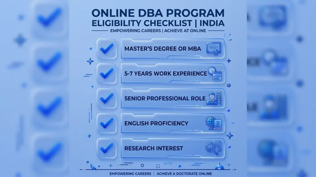 A clean infographic showing a vertical eligibility checklist for an online DBA program in India. Items include: Master's Degree or MBA, 5-7 Years Work Experience, Senior Professional Role, English Proficiency, Research Interest. 