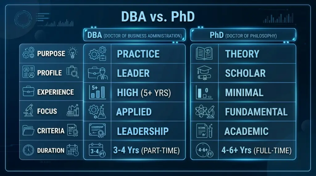 A clean side-by-side comparison infographic contrasting DBA and PhD programs. Left column is DBA (blue header), right column is PhD (purple header). Comparison rows include: Purpose, Applicant Profile, Work Experience Requirement, Research Focus, Admission Criteria, Typical Duration. Each row has two contrasting statements. Flat design, white background, bold sans-serif font. 