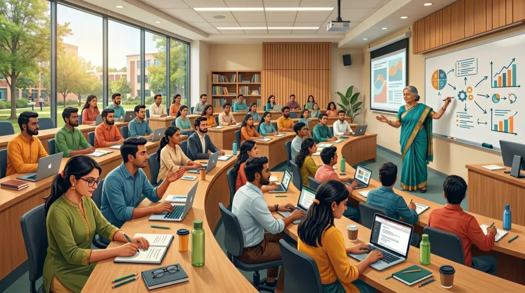 Students attending an on-campus MBA classroom session in India