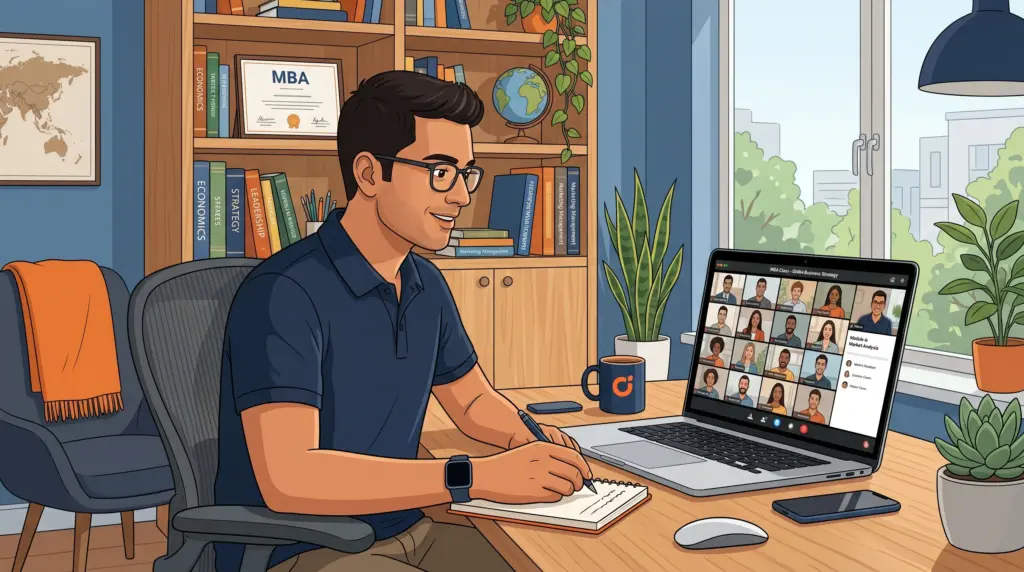 Working professional attending an online MBA live session from home in India