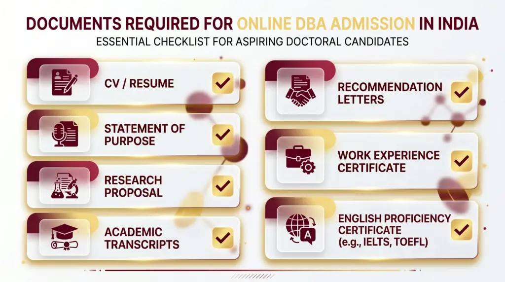 A flat-design visual checklist of documents required for online DBA admission in India. Items include: CV/Resume, Statement of Purpose, Research Proposal, Academic Transcripts, Recommendation Letters, Work Experience Certificate, English Proficiency Certificate. Each item in a card format with a folder or document icon. Two-column grid layout, white background, blue and orange accents. 1200×675px.