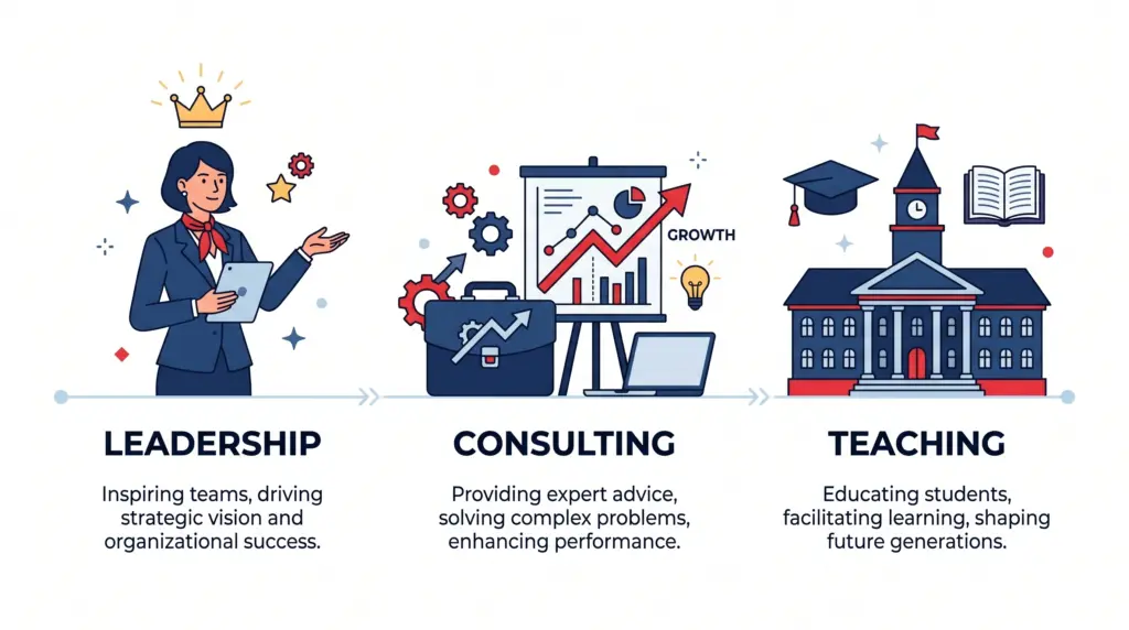 Three DBA career outcomes: leadership roles, consulting career, and professor of practice teaching