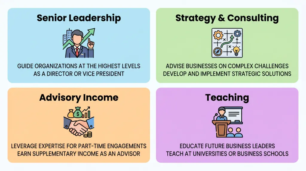 Four DBA career pathways infographic: senior leadership promotion, strategy consulting, advisory income, and teaching roles