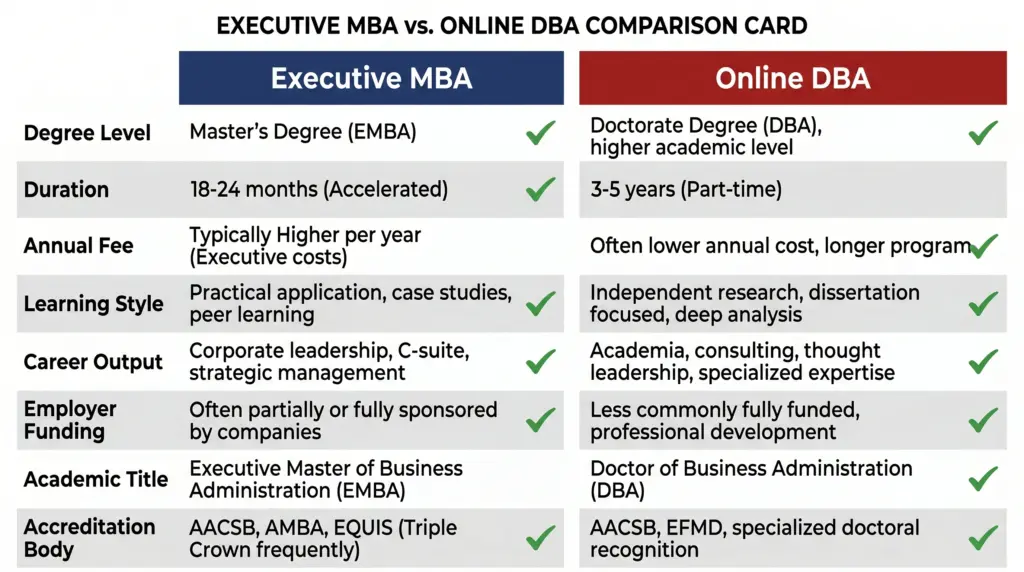 Visual comparison card showing 8 core differences between DBA and Executive MBA across degree level, duration, cost, career output, and accreditation