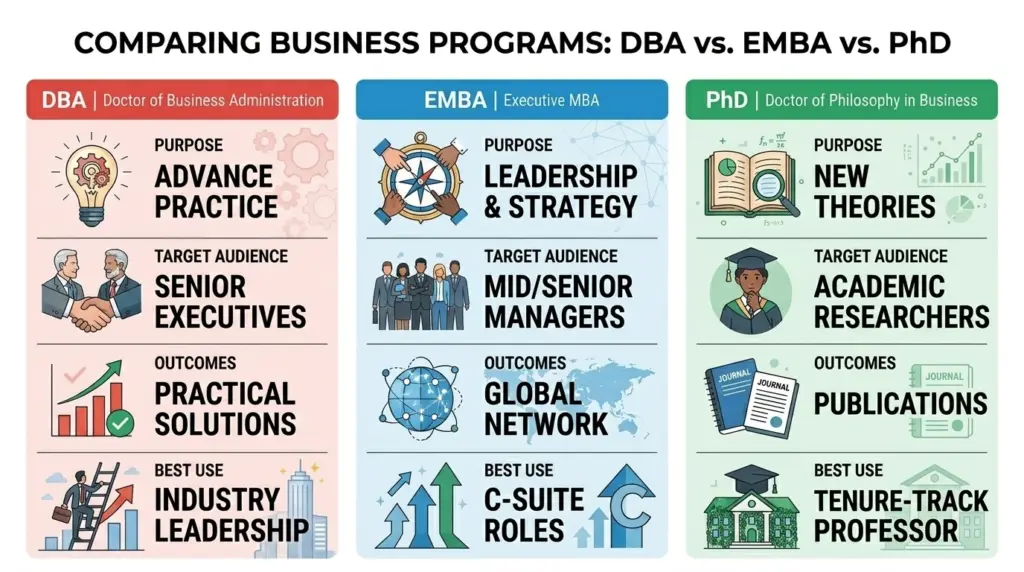 Infographic comparing DBA vs Executive MBA vs PhD degree programs for career growth
