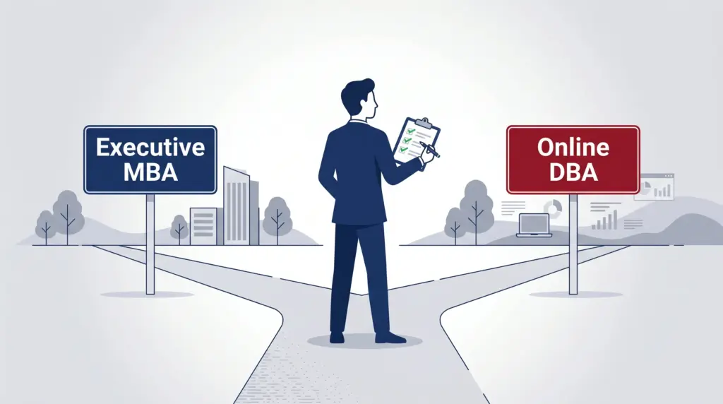 Illustration showing a professional at a crossroads choosing between Executive MBA and DBA degree paths with a quiz checklist
