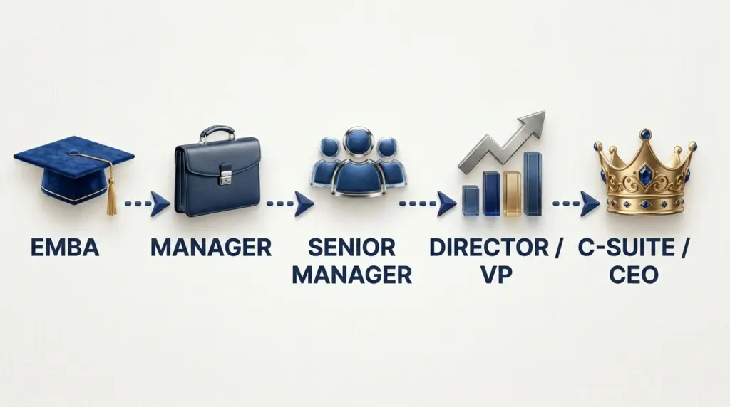 Executive MBA career progression roadmap showing manager to C-suite leadership path after EMBA