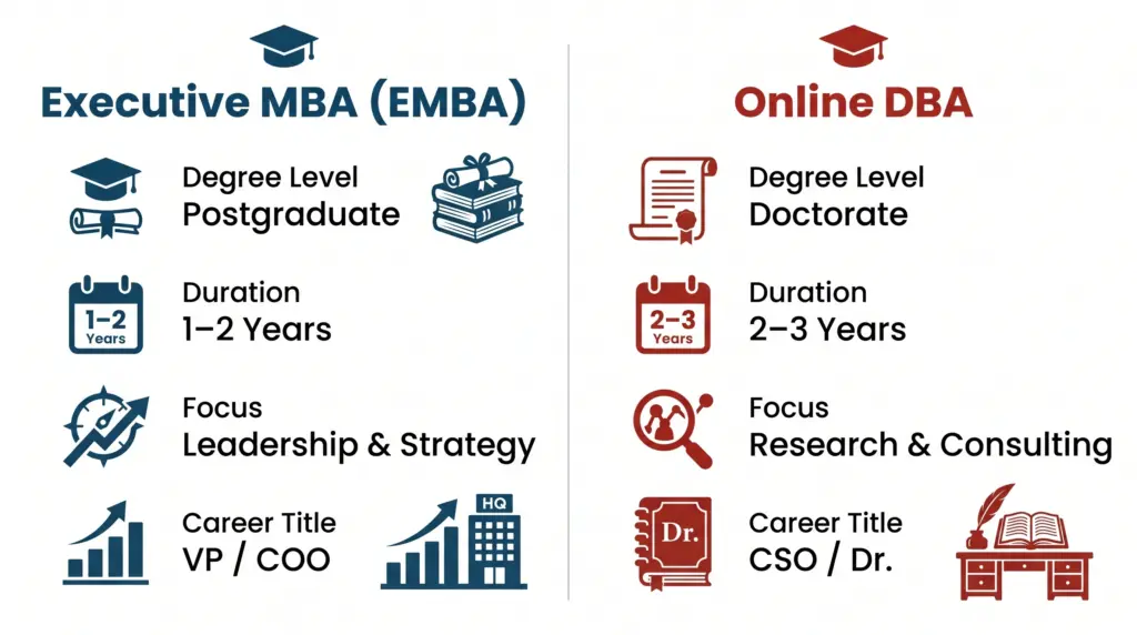Executive MBA vs DBA comparison infographic showing degree level, duration, focus, and career outcomes side by side