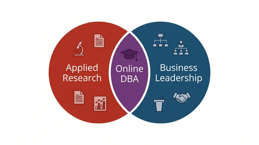 Online DBA degree illustration showing research, strategic leadership, and doctoral expertise as a Venn diagram