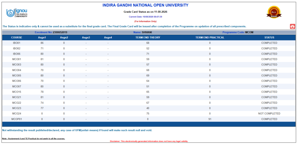 IGNOU Grade Card
